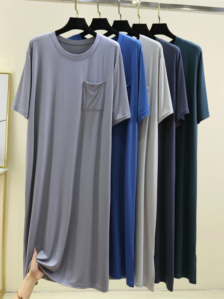 Men's Mid-Length Modal Sleepwear Summer Cool Sensation Loose Large Size Short Sleeve Home Clothes Jumpsuit Nightgown