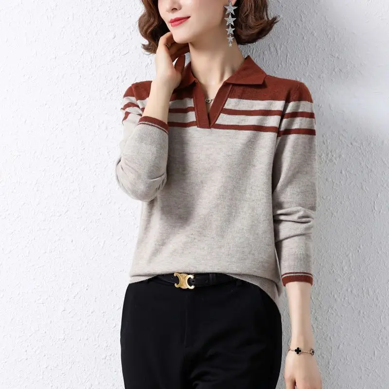 Simplicity Sven Generous Neat Capable Leisure Comfortable Stripe Office Lady Women's Collar Knitted Sweater Autumn Winter 2024