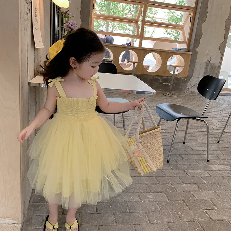 Children's Princess Dress2024Summer New Girls' Mesh Dress Baby Cake Dress Bow Suspender Dress