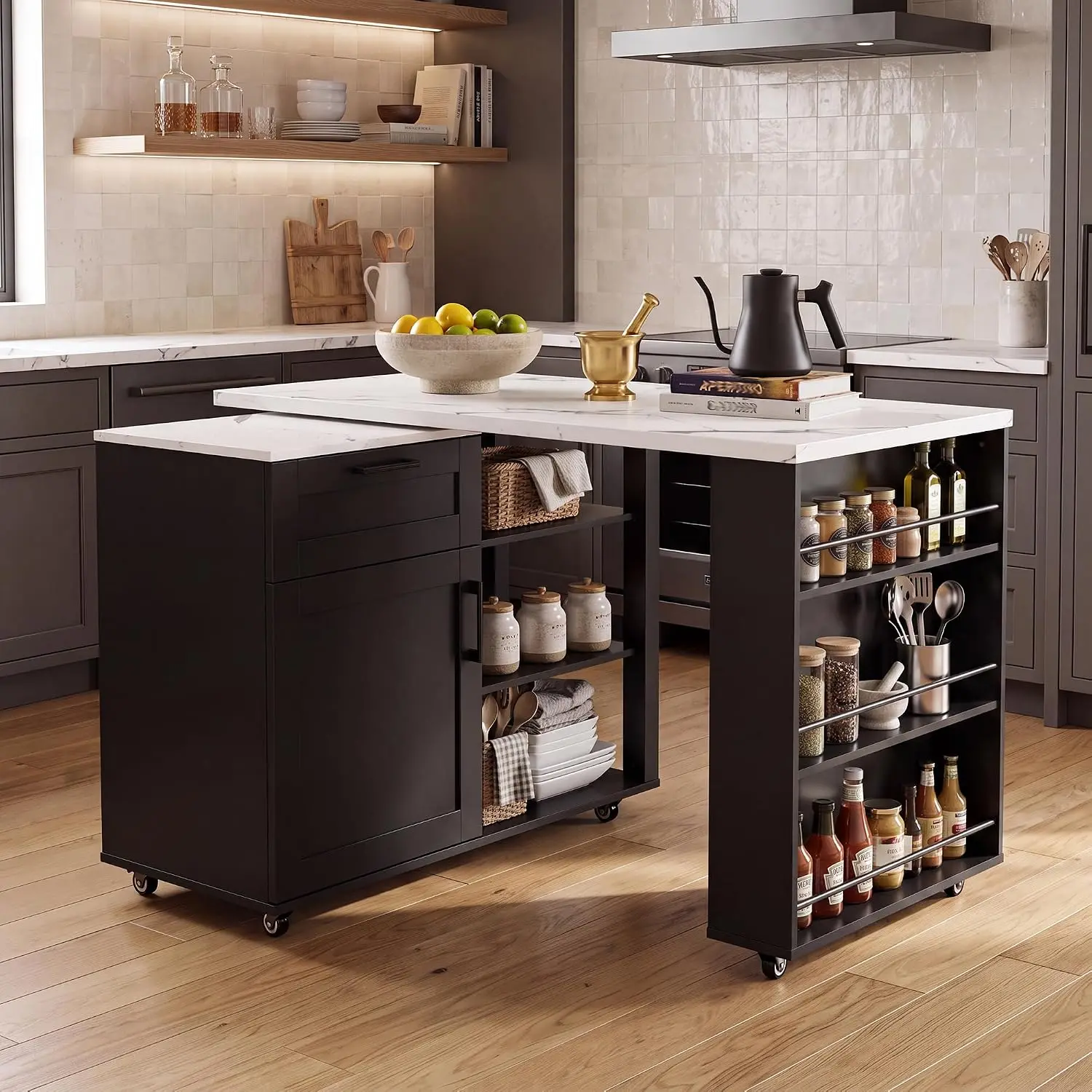 Rotating Kitchen Island Cart with Cabinet, Drawer, Shelves, Spice Racks & Locking Wheels for Dining, Black, Customized