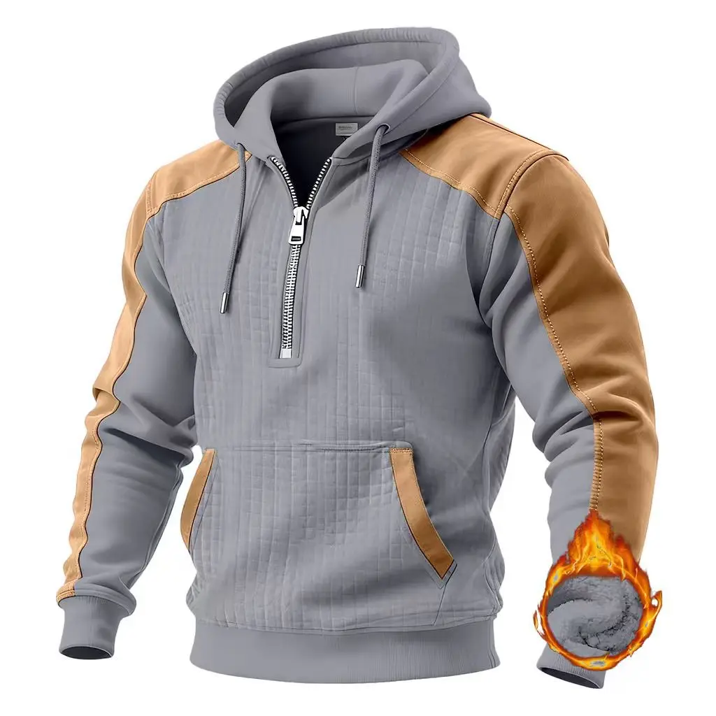 Men's High-End Double-Layer Hooded Sweatshirts Small-Checkered Half-Zip Color-Block Casual Hoodies Thick Warm Fleece Pullover