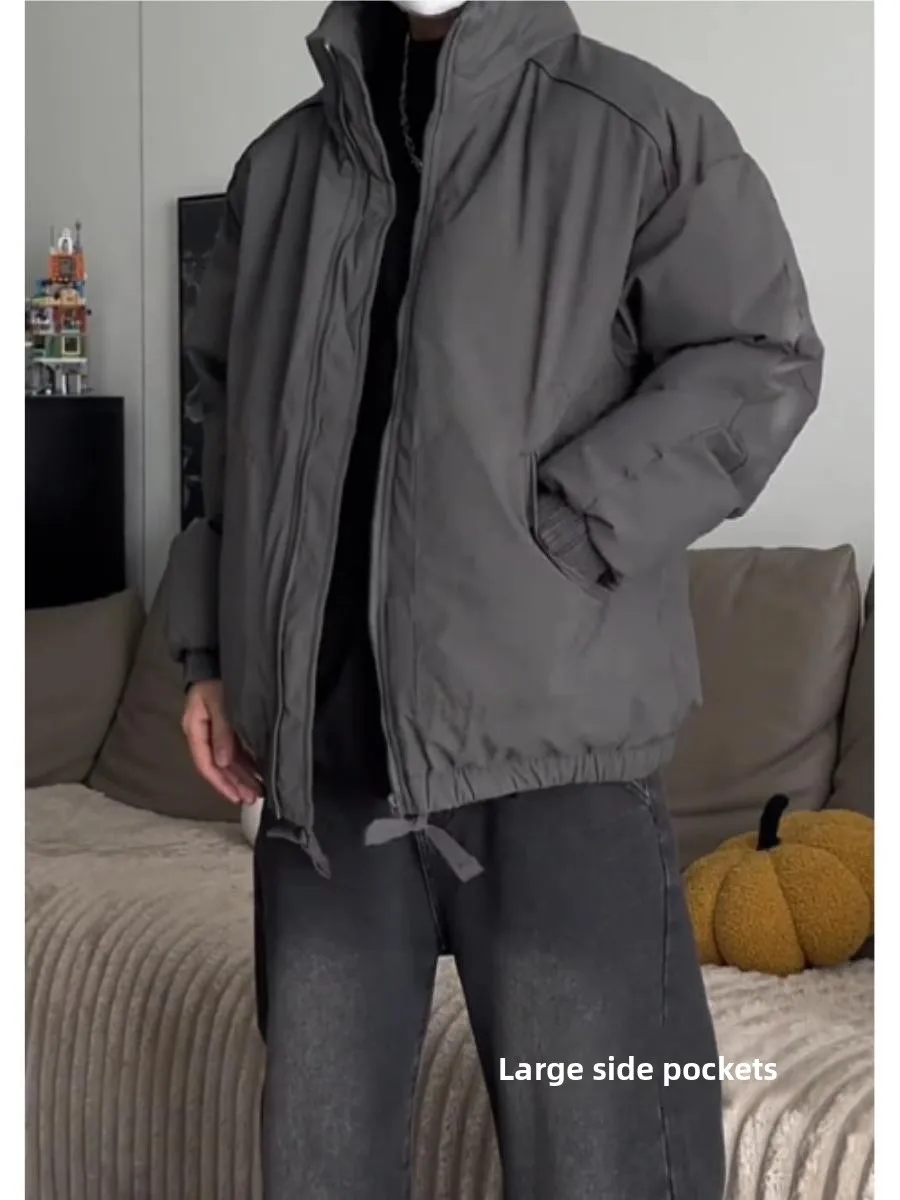 

American Retro Grey High-End Cotton Jacket Men's Winter Trend Shortened Cotton Clothes Stand Collar Bread Style Coat