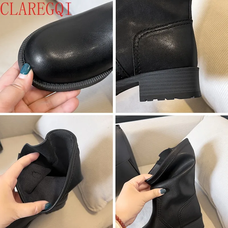 womens fall boots Vintage belt buckle round head mid calf boots for women All match british style short boots women Cosy Fashion