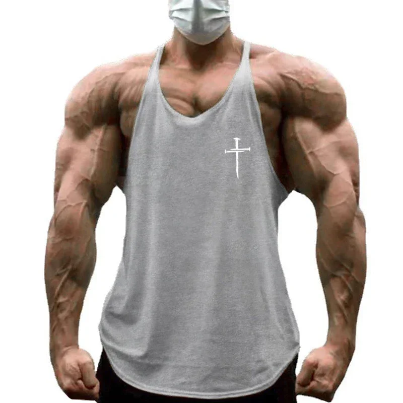 Summer Men Gym Workout  Sport Cotton Loose Stringer Singlet Casual Fitness sleeveless Tank Top for Bodybuilding casual Training