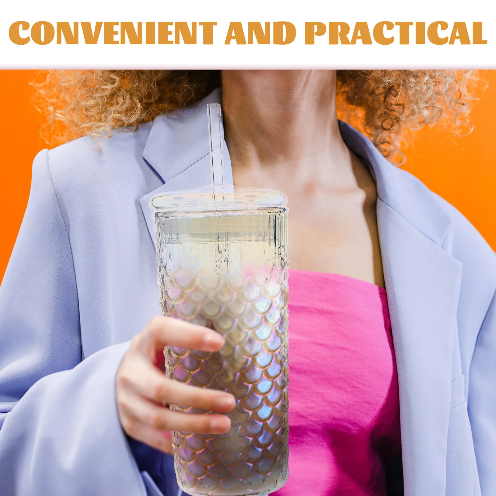 

2Pcs Fish Scale Pattern Glass Cups Juice Beverage Drinking Cup Lid Straw Outdoor Party Cold Drinks Cup Glass Cups