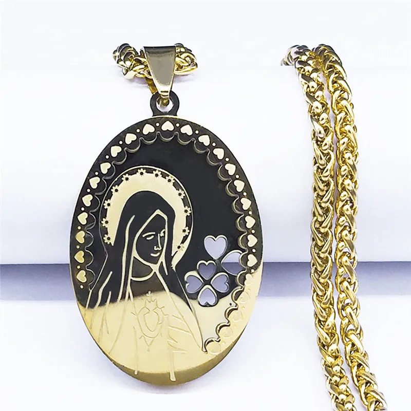 Double Layer Stainless Steel Virgin Mary Medal Pendant Necklace Women/Men Gold Color Long Chain Necklaces Jewelry collier N7406