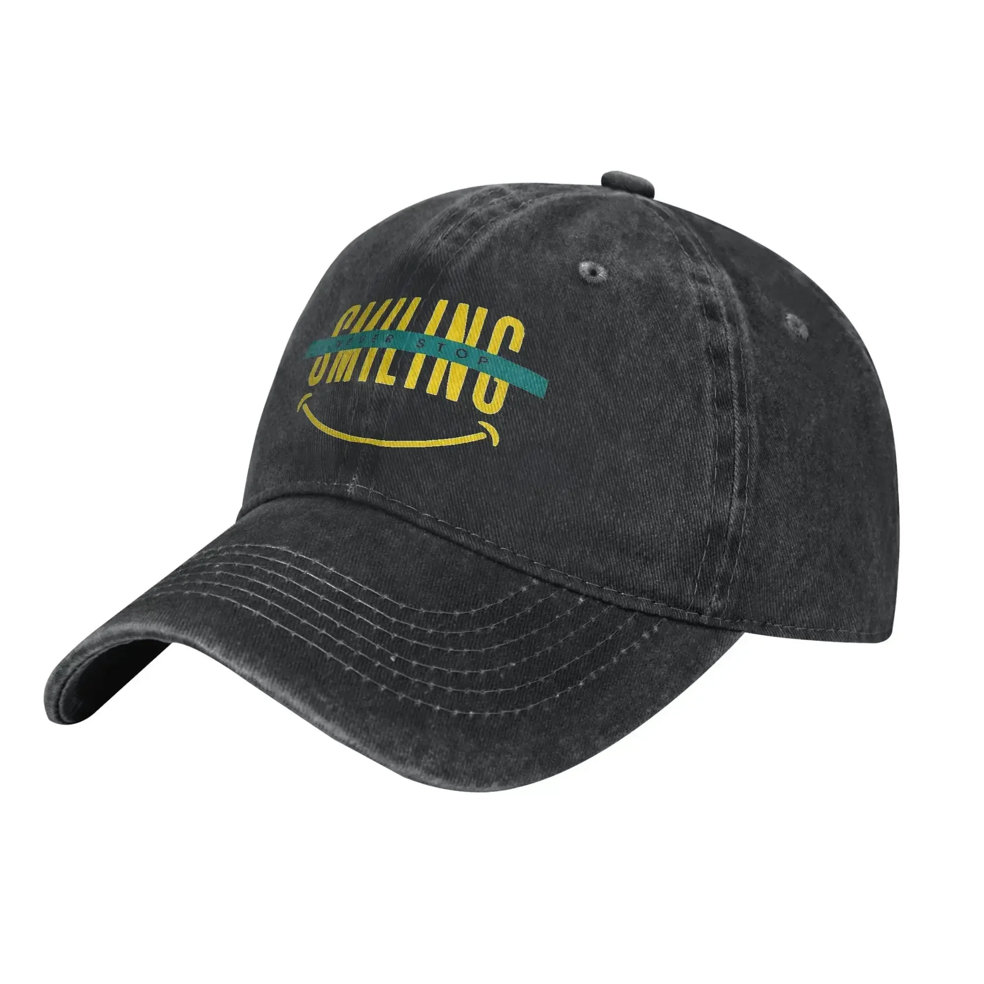 Classic Never Stop Smiling Funny Baseball Cap For Men Women Distressed Denim Snapback Hat Outdoor Summer Soft Caps Hat