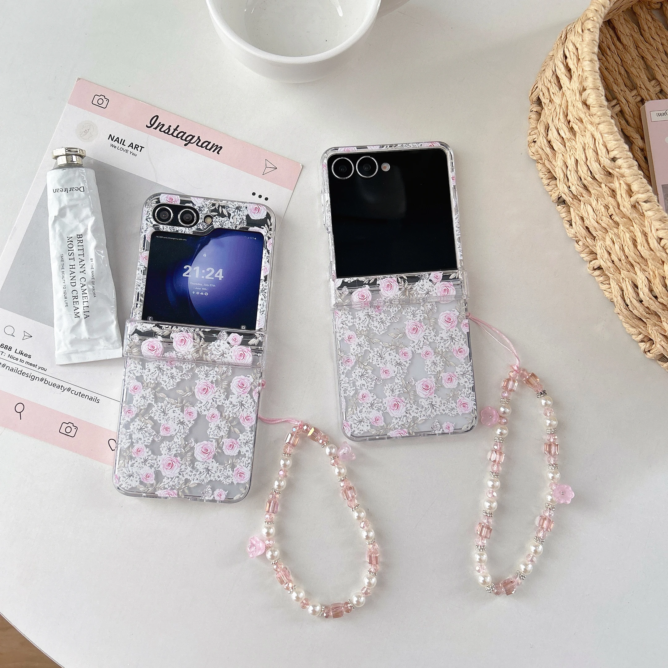 Clear Pink Rose Flower Print Cute Phone Case For Samsung Z Flip 7 6 5 4 3 Hard Cover With Chain Hinge Cases For Galaxy ZFlip7