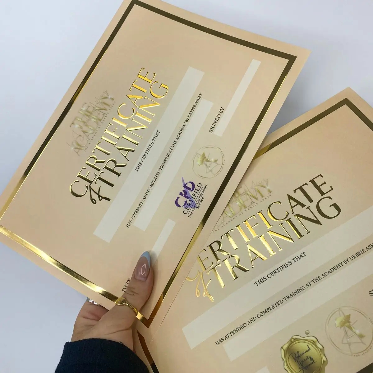 Custom Raised Foil Prints 3D Gold or Silver Foil Training Certificates for Training Academies Beauticians Nail Techs Lash Techs