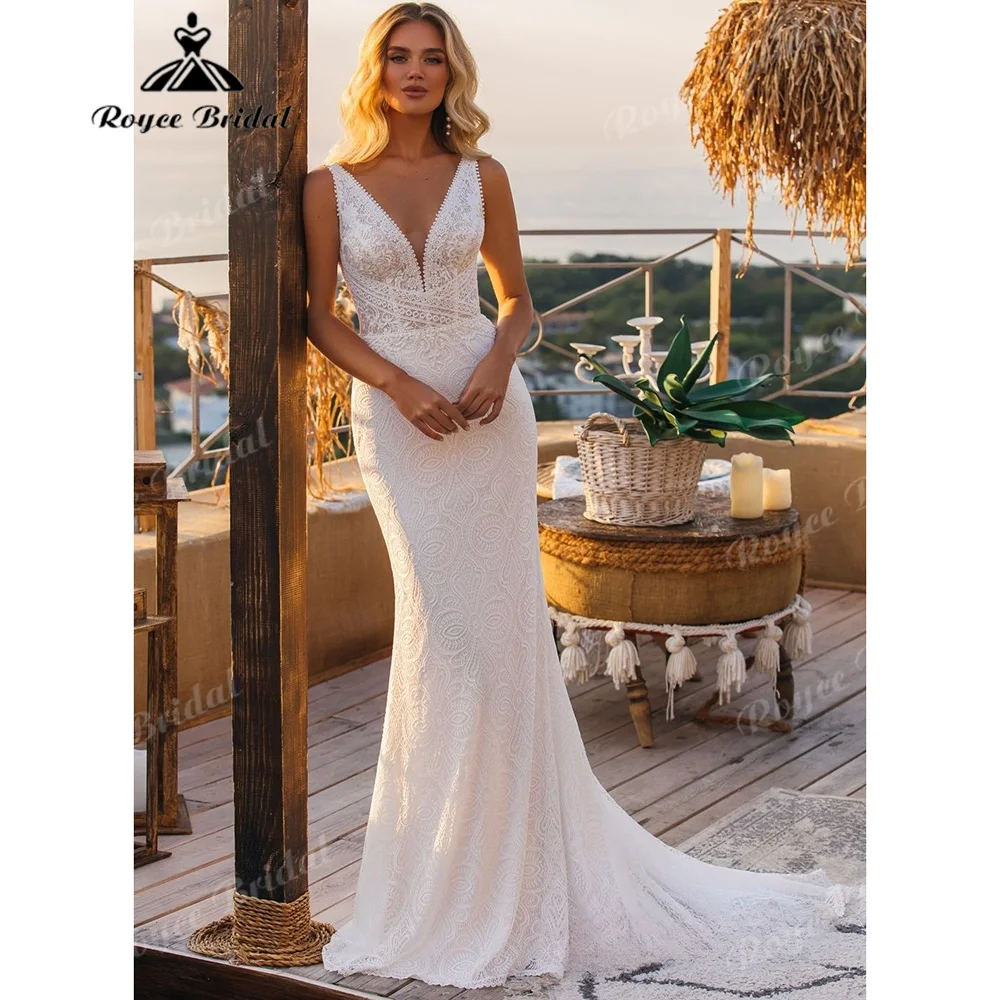 2027 Boho Deep V Neck Mermaid Wedding Dress Geometric Crochet Lace Plunge Bodice Low Back Sweep Train Abiti Da Sposa Customized