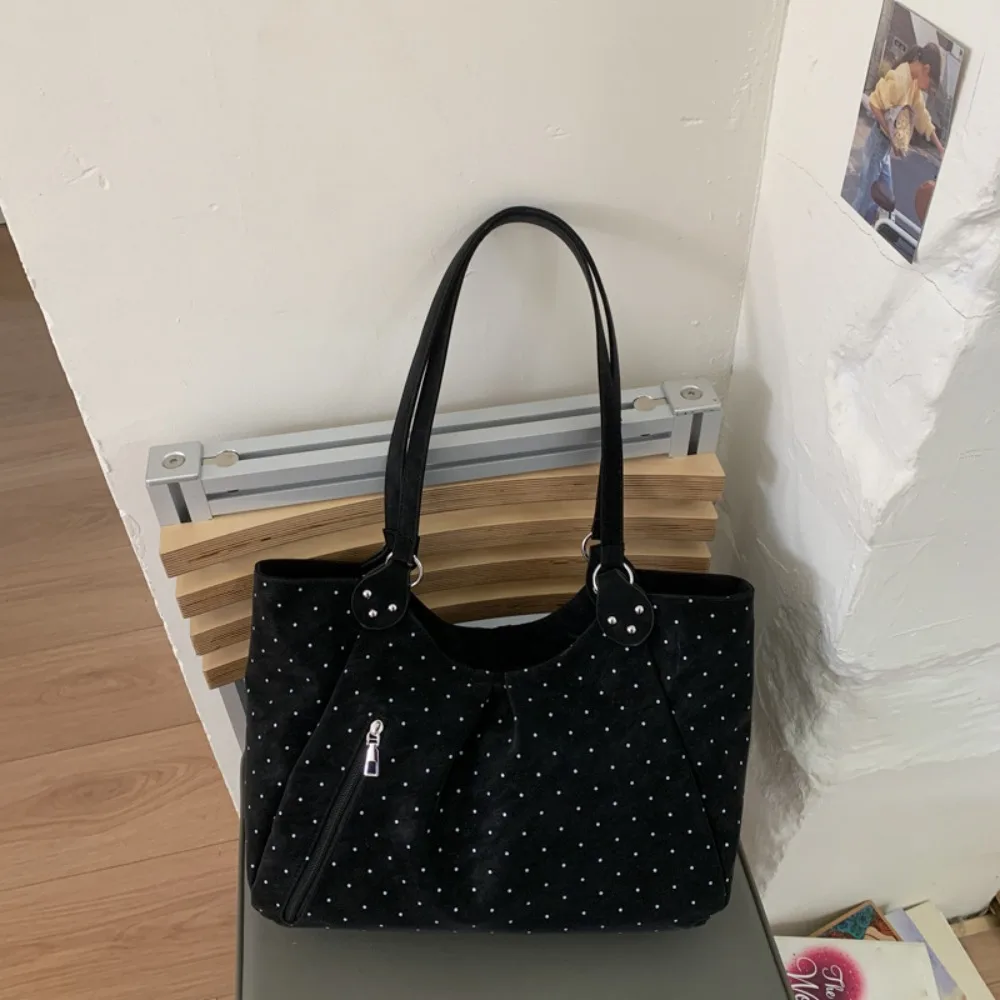 

New Casual Shoulder Bag PU Leather Khaki Color Handbag Trendy Polka Dot Tote Bag