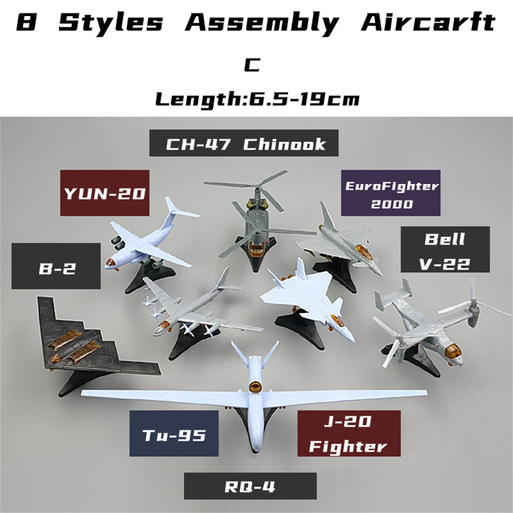 8 Styles Airplane Assembly Model J-20 Y-20 RQ-4A EF-2000 TU-95 B-2 V-22 CH-47 Fighter Military Ornament Mini Plastic Toy