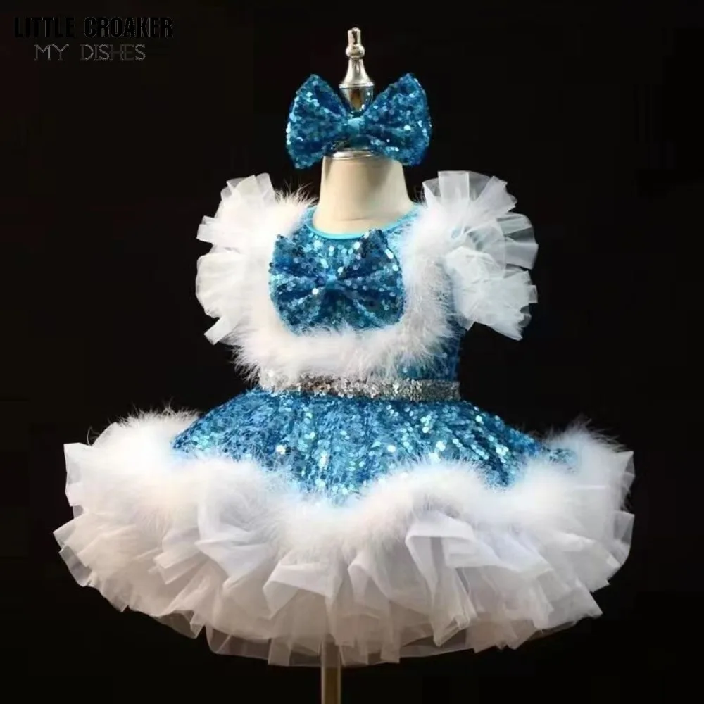 Vestido de baile de lentejuelas para niños, vestidos de dama de honor para niñas, vestidos de boda elegantes, azul, rosa, blanco y dorado, vestidos