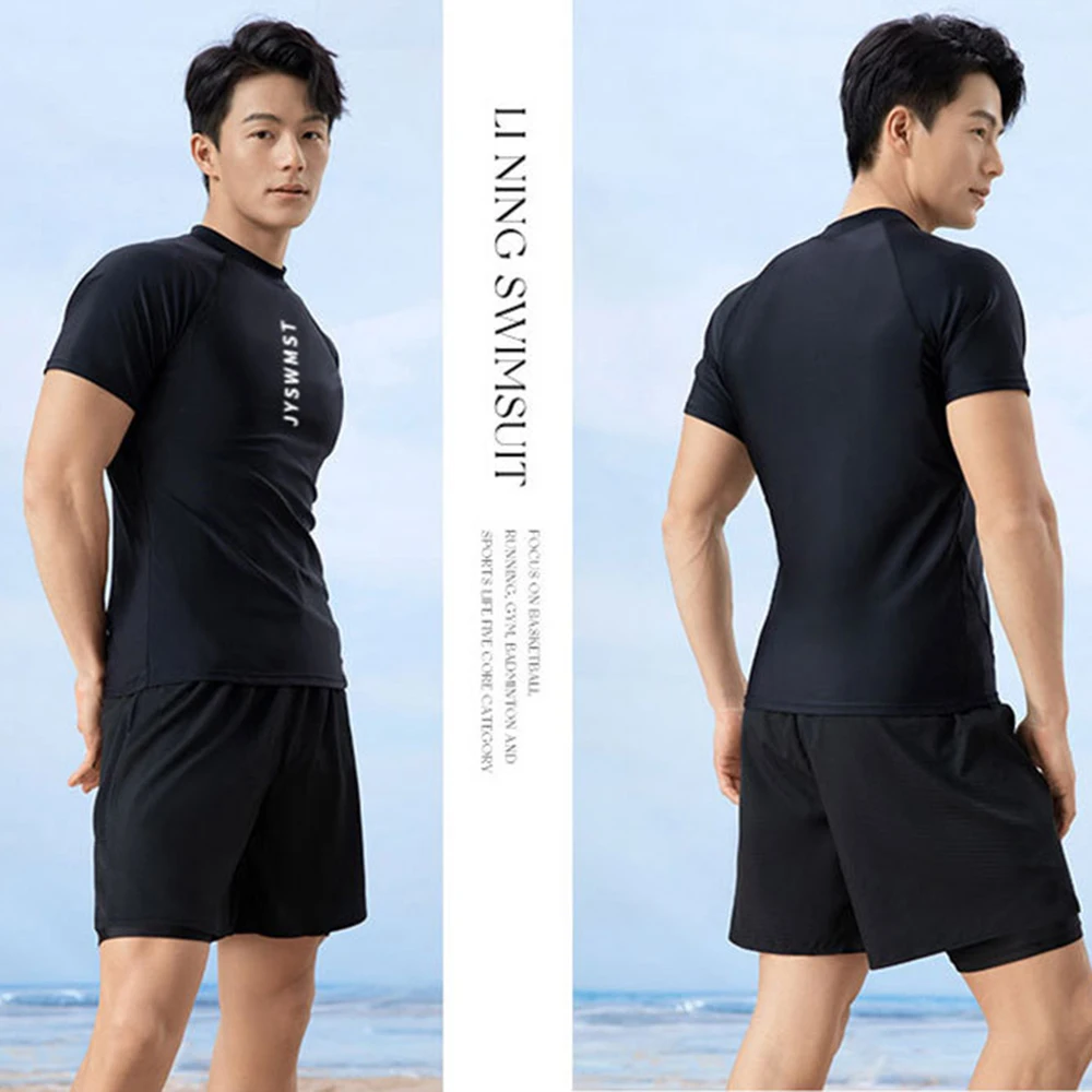 Men Swimsuit 2 Piece Set Shirt And Double Layer Shorts Rashguard Wetsuit Beach Surfing Board Sportswear Water Park Clothing