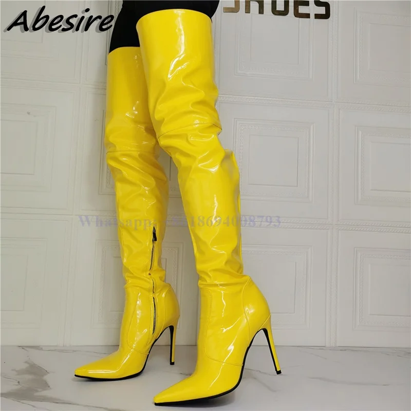 

New Thigh High Yellow Boots Side Zipper Solid Patent Leather Thin High Heel Boots Over The Knee Women Boots Sexy Zapatos Mujer