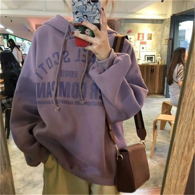 Sudadera con capucha de terciopelo con letras estampadas para mujer, suéter suelto coreano Harajuku, ropa de calle Kawaii