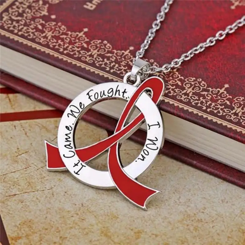 Awareness Ribbon Pendant Necklace Engraved Slogan Charm Multicolor Survivor Inspirational Memorial Jewelry Gift for Women Men
