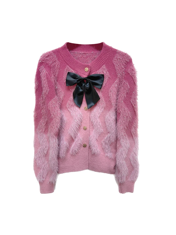 Women's Pink Cardigan Bow Mohair Sweater Harajuku Y2k Long Sleeves Knitted Cashmere Gradient Sweaters Vintage 2000s Clothes 2024