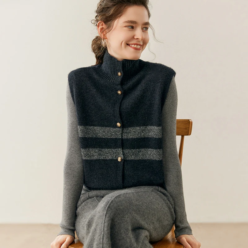 

ANGEL Women Turtleneck 100% Cashmere Sweater Waistcoat Buttons Cardigan Sleeveless Autumn Winter Loose Screw Threaded Vest Knit