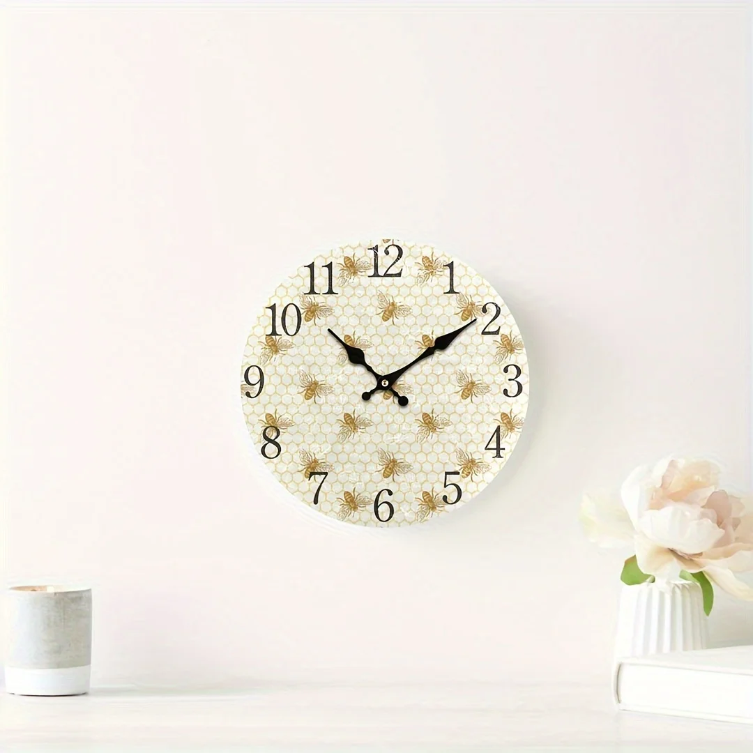 Round Wall Clock, Bee And Honeycomb Vintage Home Decor Battery Operated For Living Room, Kitchen, Bedroom