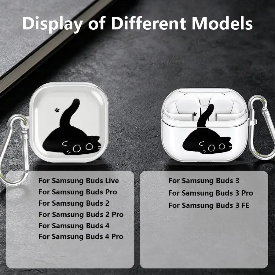Black Cat Doodle Print Case For Samsung Galaxy Buds 2 Live 4 Pro 4Pro 2Pro 3 FE 3Pro Clear Earphone Cases Cover With Hook view 2