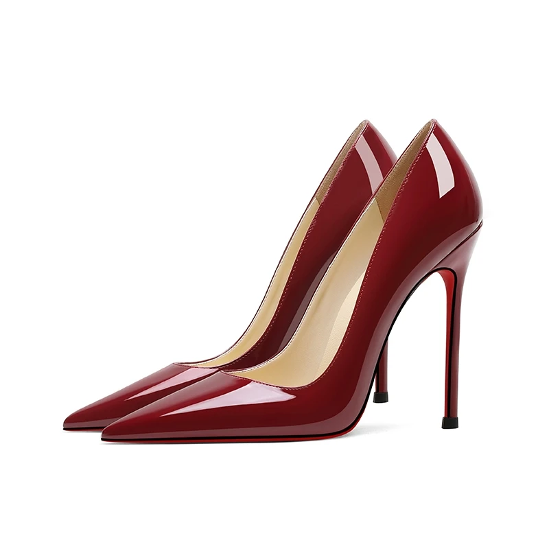 Black high heels slim heels sexy new style patent leather, comfortable and versatile, pointed professional red sole single shoes