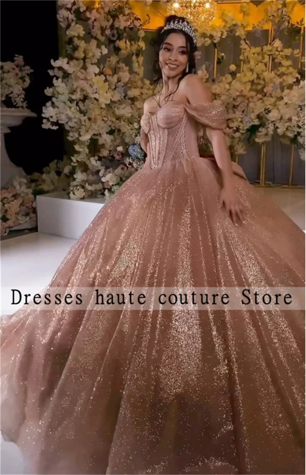 Vestido De baile De princesa para quinceañera, traje con cuentas y lazo, color oro rosa, para fiesta De cumpleaños De 15 y 16 años, 2024