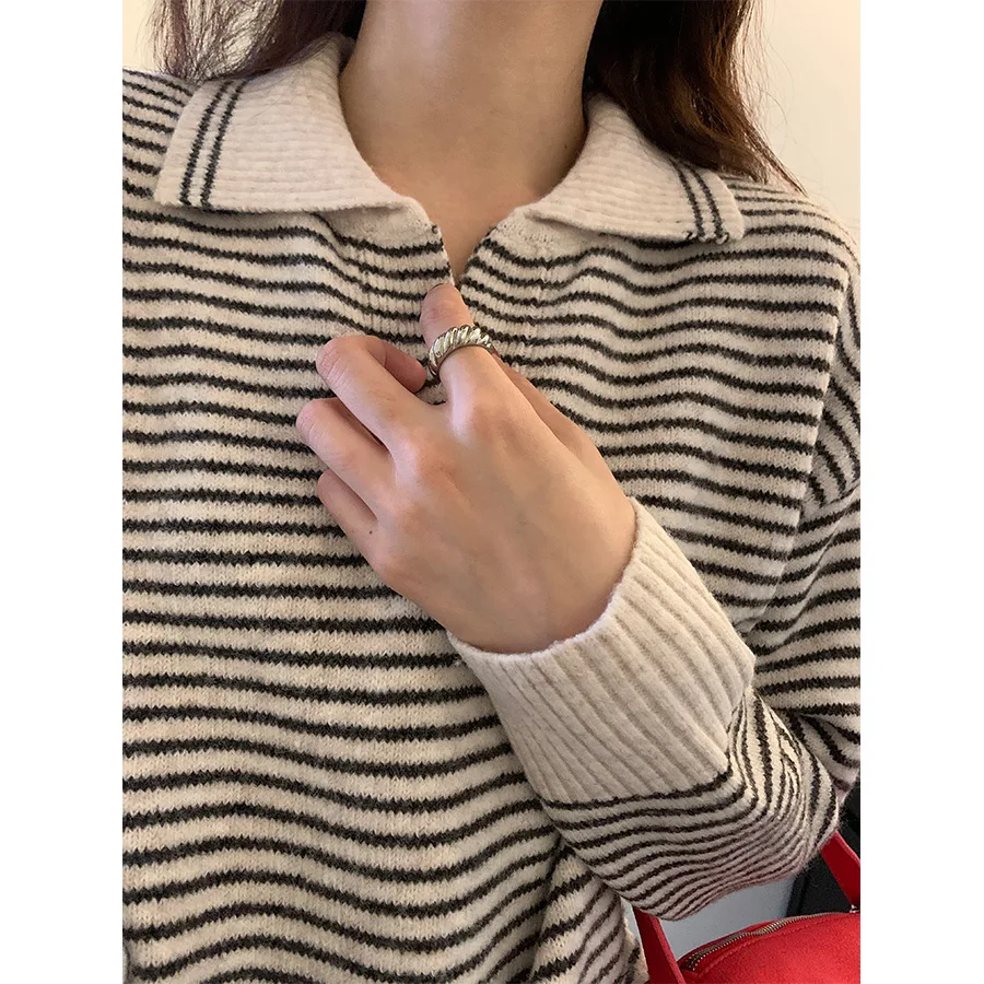 Retro Polo Collar Contrast Stripe Soft Sticky Knitted Sweater Women's Autumn/Winter Hoodie Loose Casual Sweater