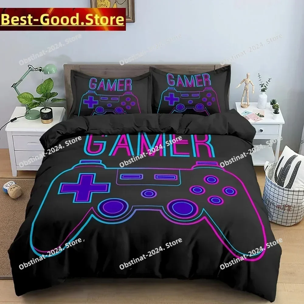 2025 Gaming Gamer Duvet Cover Set Gamepad Bedding Set,Video Game Soft Cover Neon Gamepad Geometry Brick Wall Design Quilt Cover
