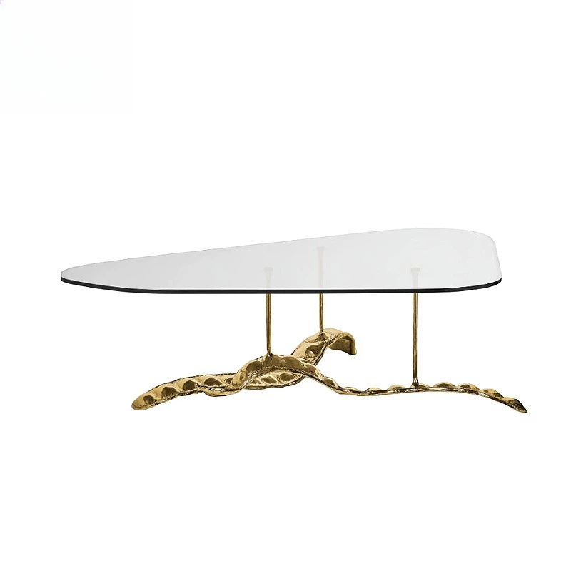 

Light luxury art design brass coffee table, villa luxury living room creative high-end glass table