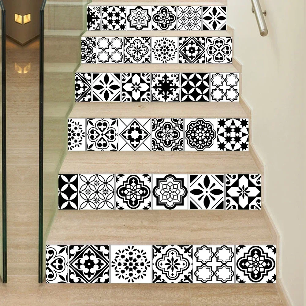 6pcs/set Black & White Stair Stickers Staircase Steps Floor Wall Sticker Home Decor Self-adhesive Waterproof Wallpaper