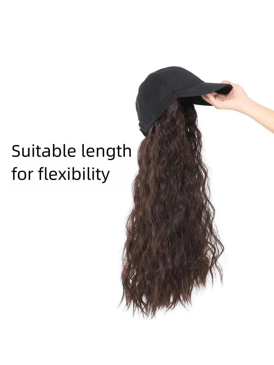 Wig Dark Brown Baseball Cap with Synthetic Natural Wavy Hai Attached Women Adjustable Hats Long Wavy