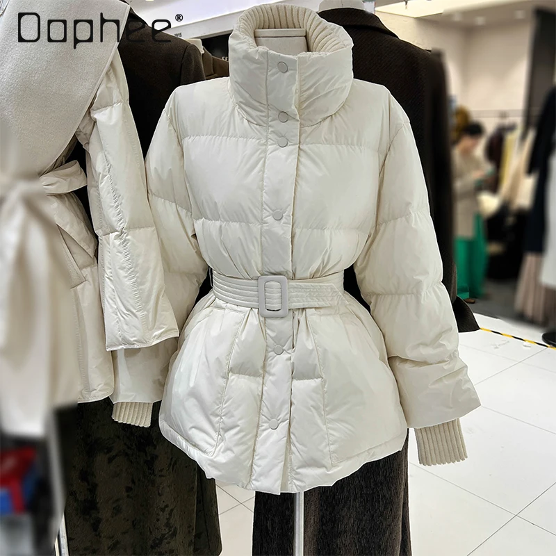 Turtleneck Down Coats for Women Single Breasted with Belt Warm White Duck Slim Solid Color Korean Style Casual Jacket Outwear