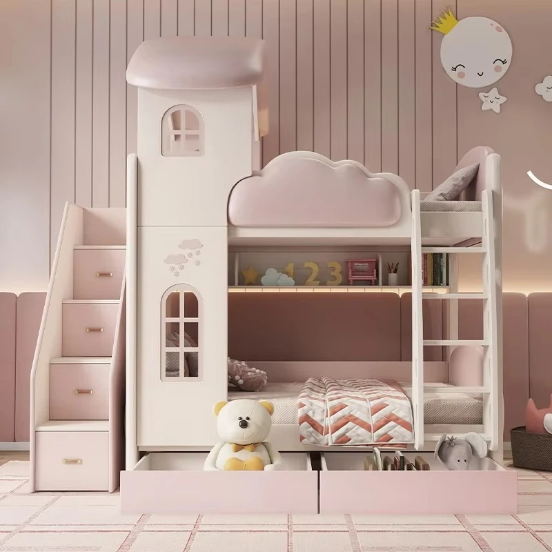 Castle Princess Upper Lower Bunk Bed, Same Width Kids High Low Bed for Small Apartment Bedroom Home Decor Furniture