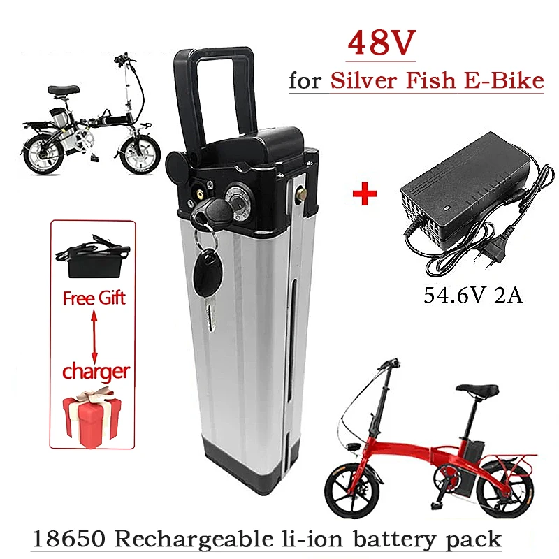 Batterie Silver Fish Style, Bici Elettrica, Haute Capacité, Aluminium, Antifurto, 48V, 30Ah