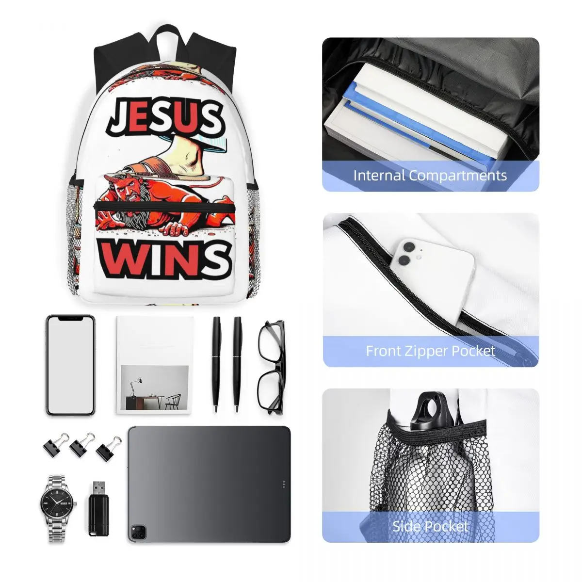يسوع يفوز حقيبة ظهر الطالب المدرسية المشي لمسافات طويلة السفر Daypack للرجال النساء أزياء الكتب حقائب الكتف #4