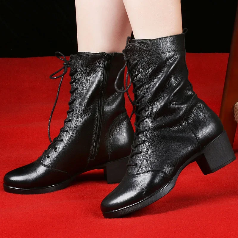 

Genuine Leather Women Mesh Boots Latin Dance Shoes Soft Soled Women's Middle Heel Social Sailor Square Leather Boots Ladies