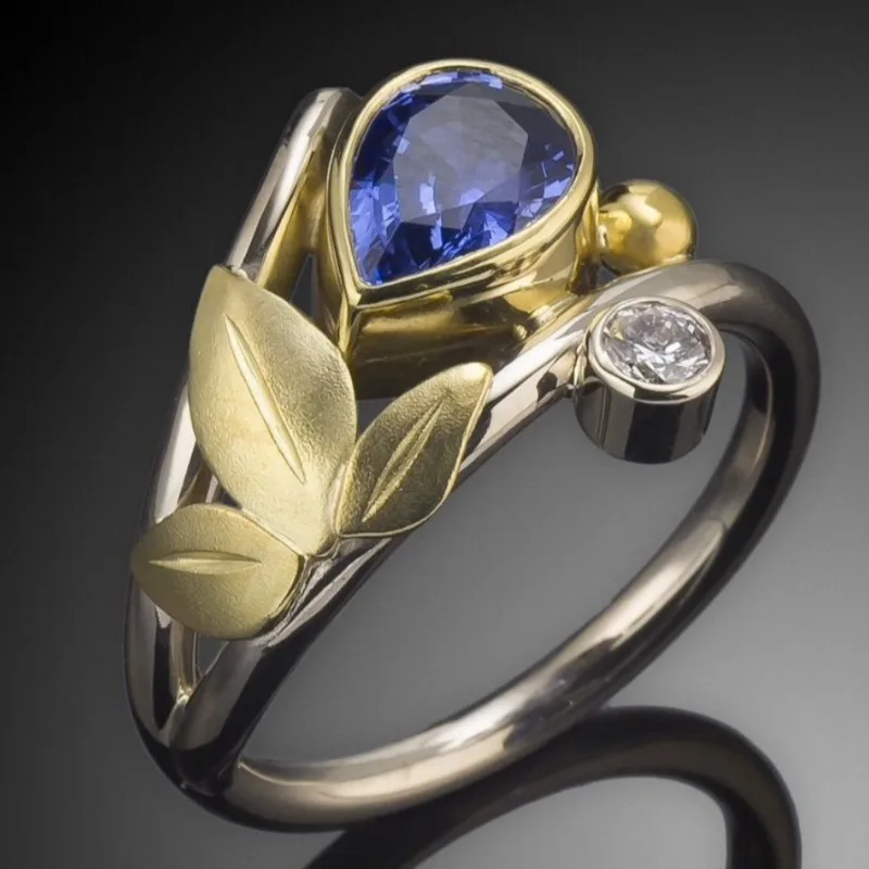 Women's Two Tone Branch Leaf Shaped Ring Inlaid Synthetic Zircon Fashion Artistic Style Ring Versatile For Daily Wear