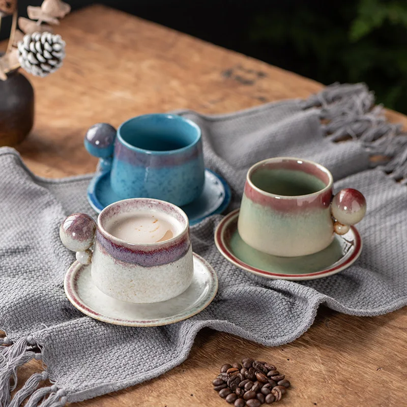 

stoneware creative coffee cup saucer set cross border round ball mug retro kiln turn water cup afternoon tea ceramic mug