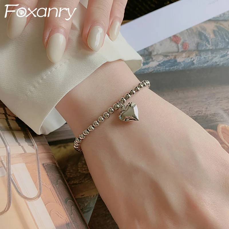 FOXANRY LOVE Heart Bead Chain Bracelets Party Jewelry for Women Couples New Fashion Creative Holiday Beach Accessories