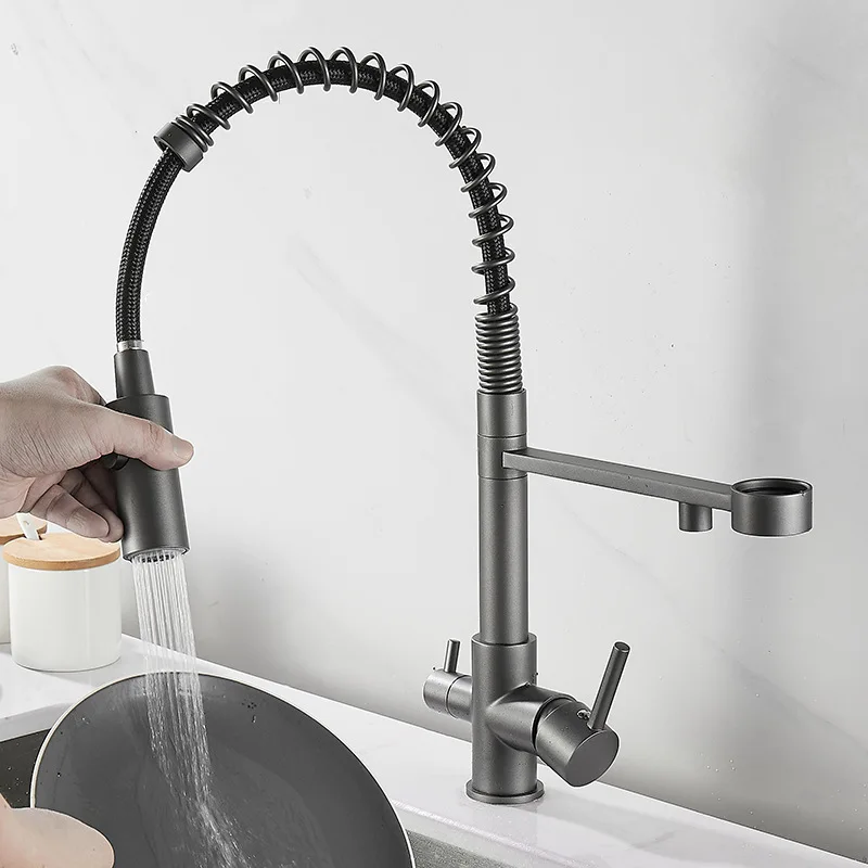 Pull Down Filter Kitchen Faucet Black 3 Way Drinking Pure Water Faucets Brass 360 Flexible Purification Water Mixer Tap