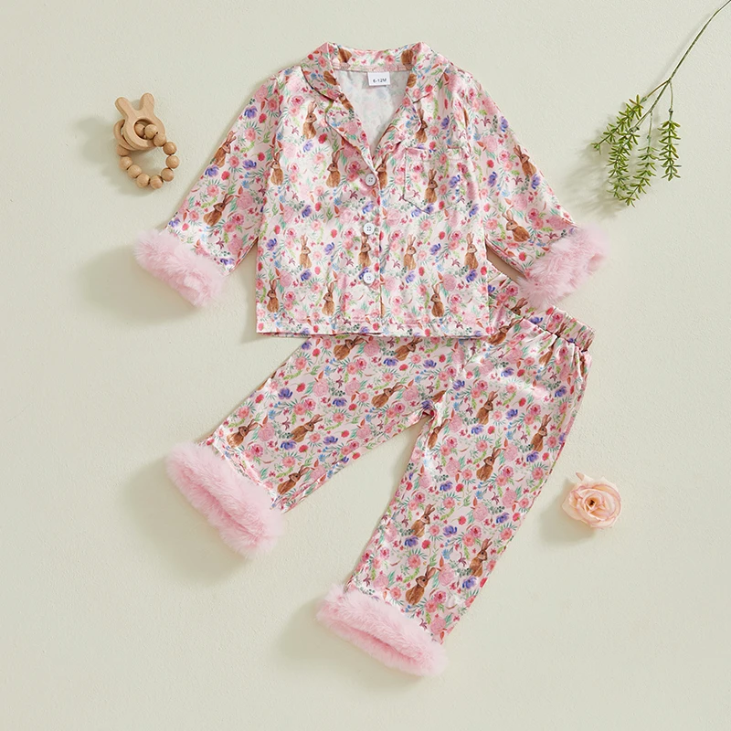 Toddler Girl Button Down Pajamas Set Cute Bow Rabbit Print Feather Trim Long Sleeve Sleep Shirt + Pants Set Girls Fall Pjs