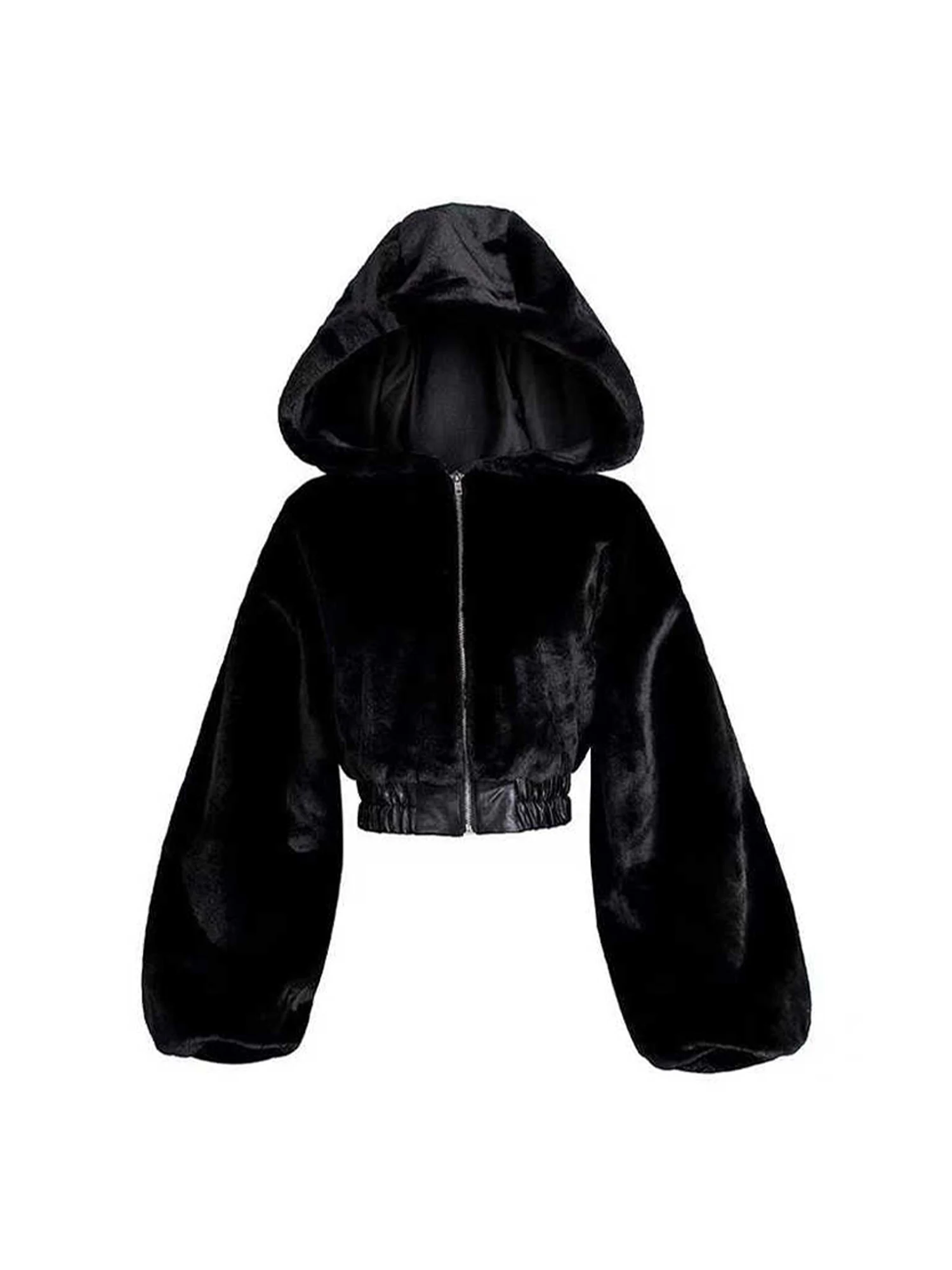 

Женская черная готическая плюшевая укороченная толстовка с длинными рукавами 90-х годов, винтажная Harajuku 2000-х годов Y2k, плюшевые пальто, толстовка с капюшоном, осень 2023 г.