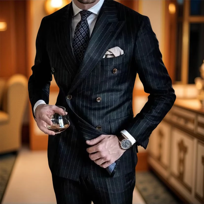 Stripe Formal Men Suits Double Breasted Blazer Business Groom Tuxedo Peak Design Slim Fit 2 Pcs Fashion Suit (Jacket + Pants)