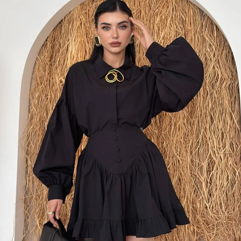 

Tuularose Women Skirt 2 Piece Fashion Ruffle Shirt Pleated Patchwork Mini Skirt Set Vintage Casual Office Lady Female Dress Sets