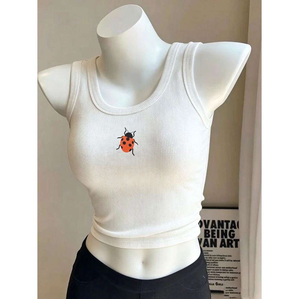 Cute Red Ladybug Insect Minimal Graphic Camisole Ribbed Tank Top Crop Y2k Top Women Slim U Neck Sleeveless Cropped Vest Tiny Tee