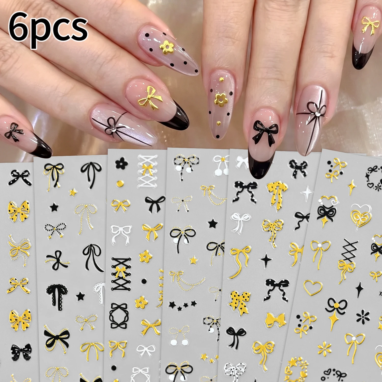 6Pcs Bronzing Gold Polka Dots Bow Nail Sticker 3D Black White Ballet Ribbon Bowtie Self-adhesive Nail Decals DIY Cute Nail Decor
