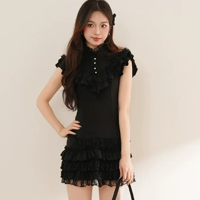 Women Summer New Black Lace Short Sleeve Stand Collar Ruffles Top Fashion Versatile Age-reducing Elastic Waist Cake Skirt Sets