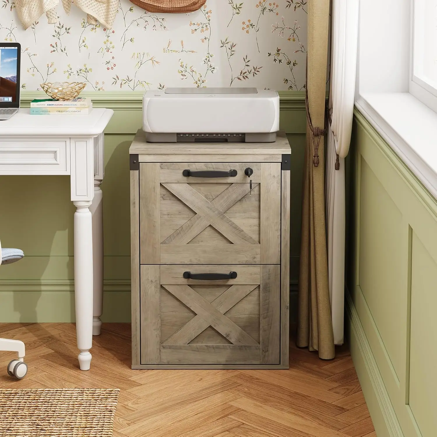 2 Drawer File Cabinet with Lock, Wood Farmhouse Filing Cabinet for Home Office, Printer Stand Fits Letter and A4 Size, Gray Oak