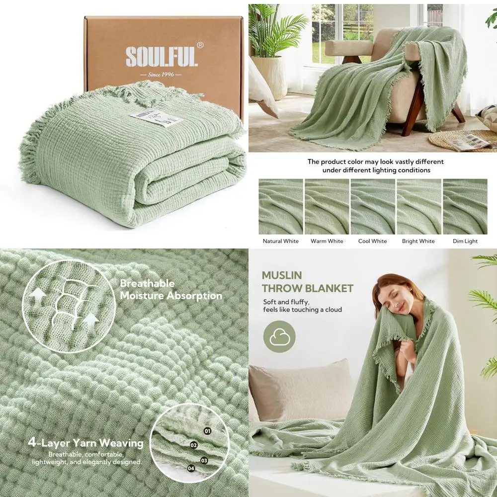 

King Size Soulful Muslin Cotton Throw Blanket with Tassels - Soft, Lightweight, Breathable for Couch or Bed